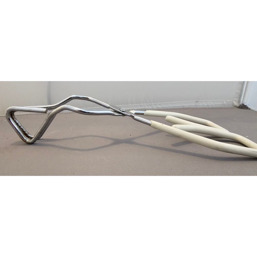 Vintage White Rubber Handle 8-1/2" Angled Stainless Steel Tongs - Made in Taiwan